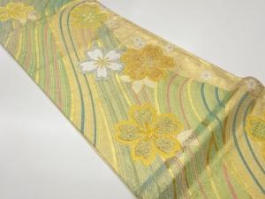 変わり流水に籠目・桜模様織出し袋帯